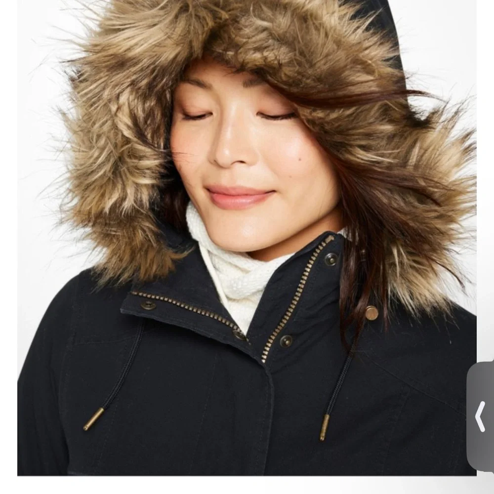 NWT 100% Organic Cotton L.L. Bean Black Coat Parka Removable Faux Fur Trim Hood - Picture 8 of 11